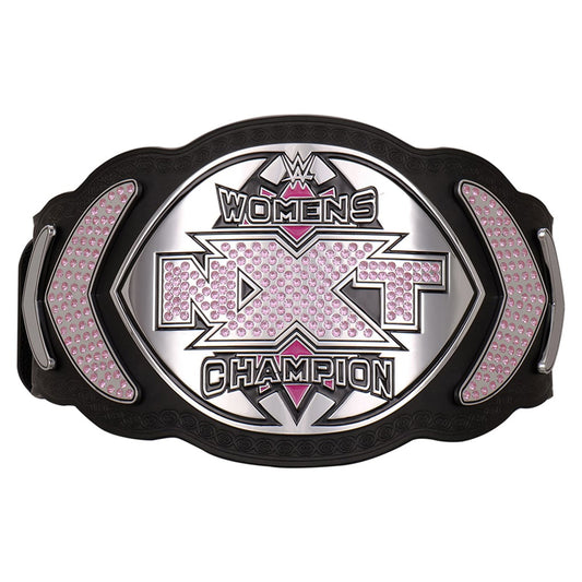 WWE Women’s X-T Champion championship belt with black and silver design and pink crystal detailing