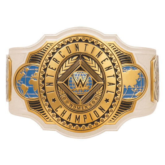 WWE Women’s Intercontinental Championship replica title belt featuring a gold-tone center plate, detailed side plates, blue and silver accents, and a premium white strap.