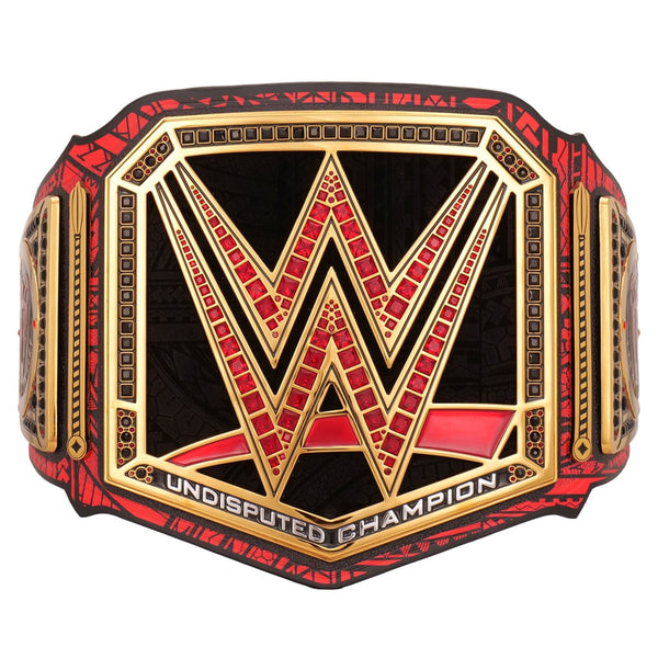 Undisputed WWE Championship belt with black and red design, gold trim, jeweled WWE logo, and black strap