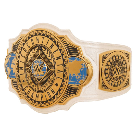 WWE Women’s Intercontinental Championship replica title belt featuring a gold-tone center plate, detailed side plates, blue and silver accents, and a premium white strap.
