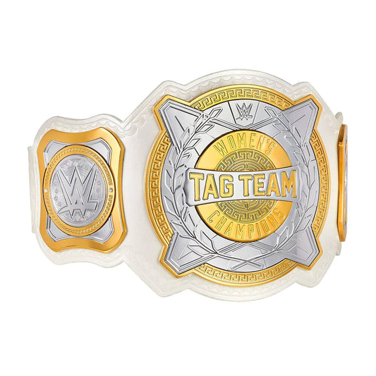 Women's Tag Team Championship replica belt featuring detailed gold-tone championship plates, iconic WWE design, and a premium strap for wrestling fans and collectors.