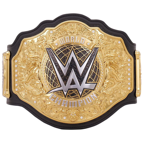 WWE World Champion championship belt with gold ornate design, black leather strap, and large WWE logo