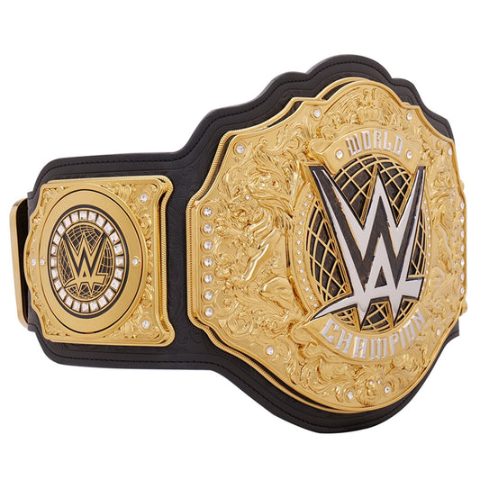 WWE World Champion championship belt with gold ornate design, black leather strap, and large WWE logo