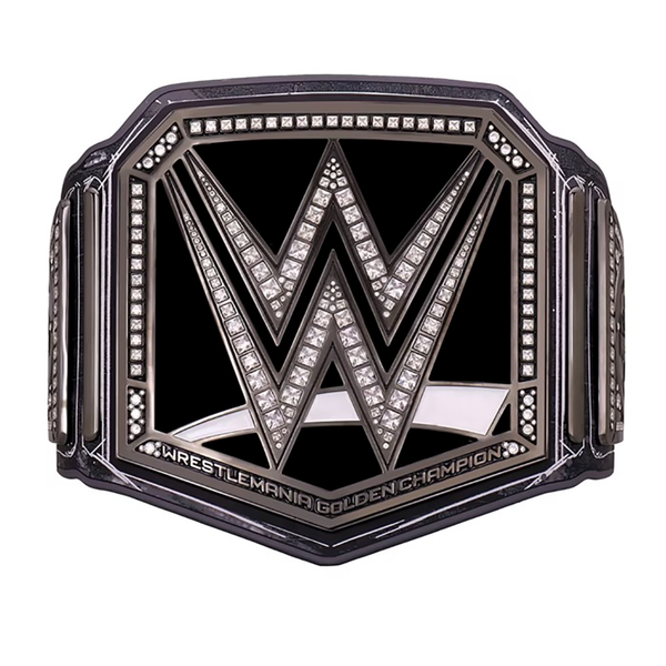 WWE WrestleMania Golden Championship replica belt featuring a black center plate, silver-tone WWE logo, sparkling crystal accents, and detailed metallic borders, perfect for wrestling fans and championship belt collectors.