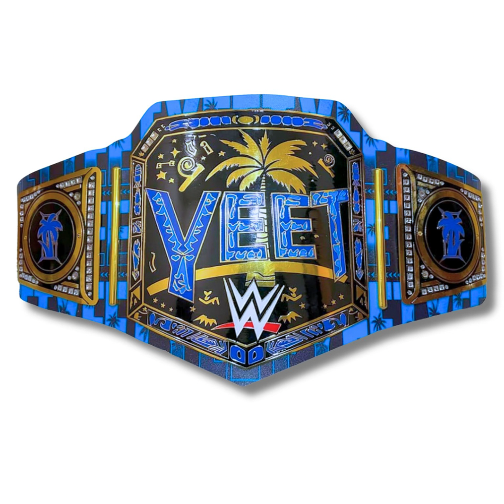 YEET Heavyweight Wrestling Championship Belt by ChampHubs featuring bold blue YEET lettering, detailed gold-tone plates, and a striking championship design, perfect for wrestling fans, collectors, and championship memorabilia enthusiasts.