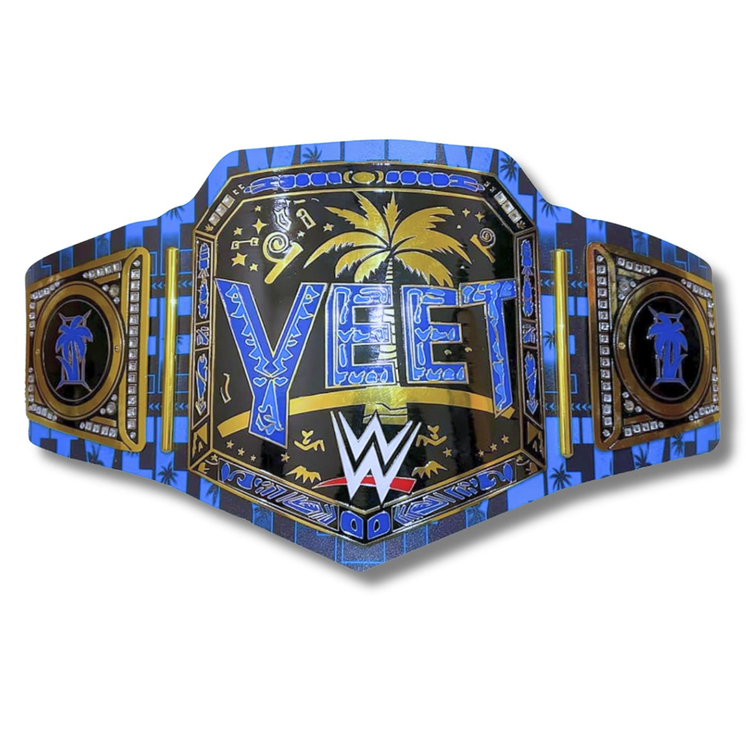 YEET Heavyweight Wrestling Championship Belt by ChampHubs featuring bold blue YEET lettering, detailed gold-tone plates, and a striking championship design, perfect for wrestling fans, collectors, and championship memorabilia enthusiasts.