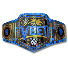 YEET Heavyweight Wrestling Championship Belt by ChampHubs featuring bold blue YEET lettering, detailed gold-tone plates, and a striking championship design, perfect for wrestling fans, collectors, and championship memorabilia enthusiasts.