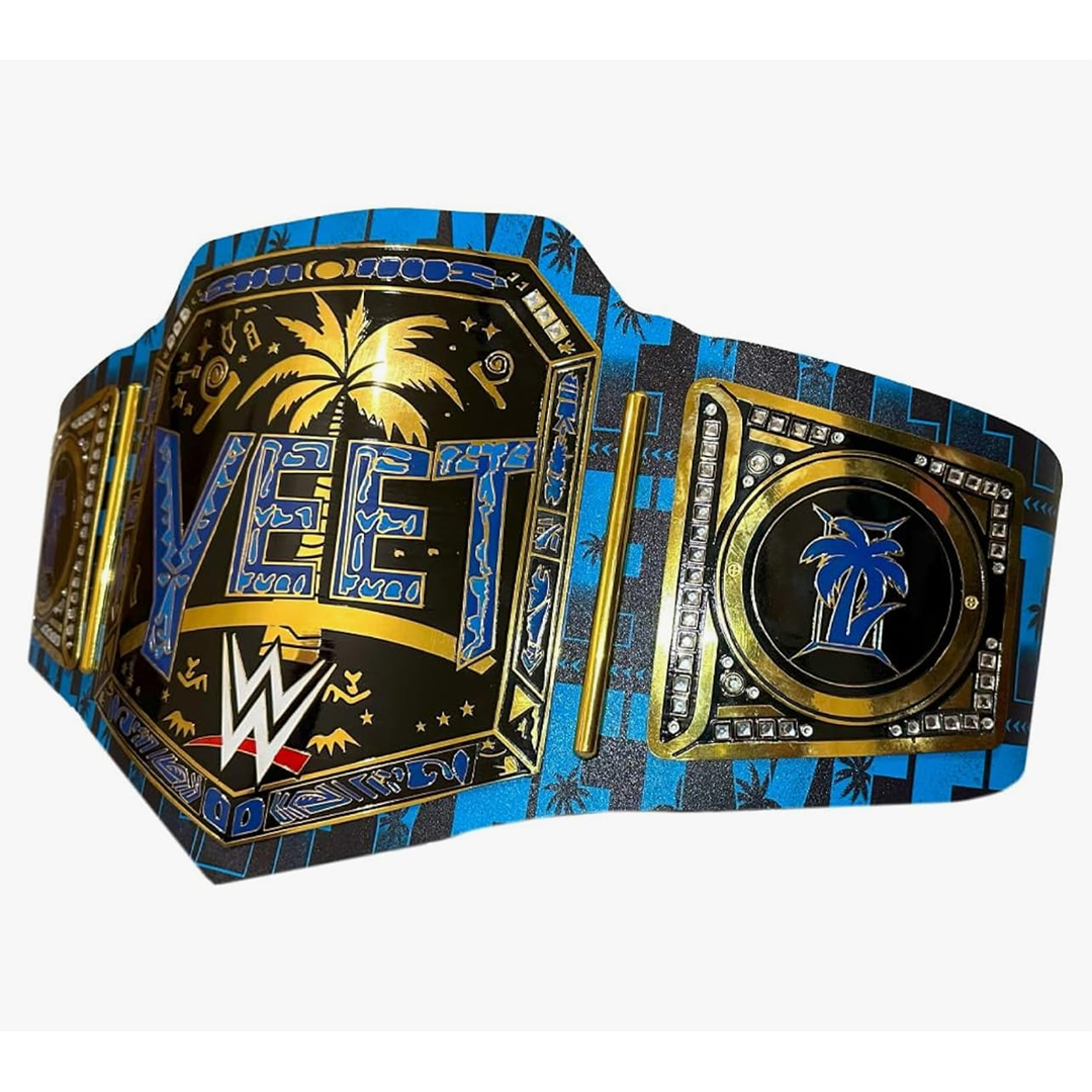YEET Heavyweight Wrestling Championship Belt by ChampHubs featuring bold blue YEET lettering, detailed gold-tone plates, and a striking championship design, perfect for wrestling fans, collectors, and championship memorabilia enthusiasts.