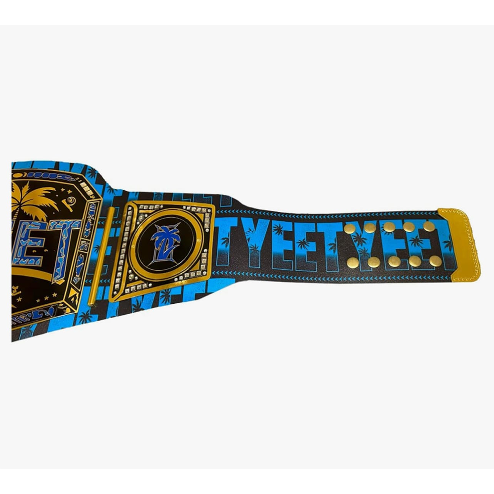 YEET Heavyweight Wrestling Championship Belt by ChampHubs featuring bold blue YEET lettering, detailed gold-tone plates, and a striking championship design, perfect for wrestling fans, collectors, and championship memorabilia enthusiasts.